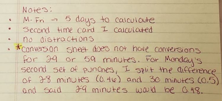 Assumptions made in how to manually calculate the timecards