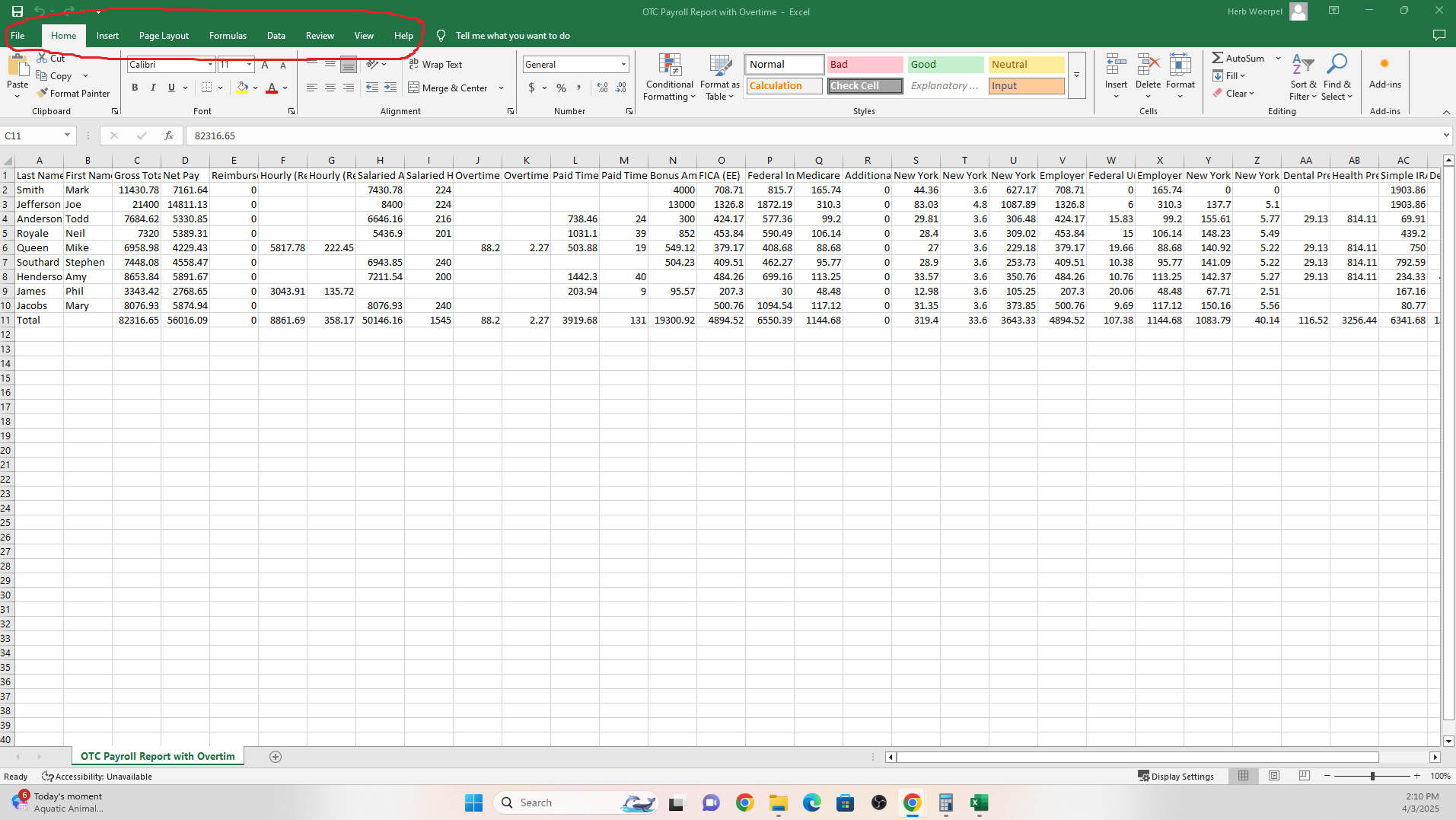 Screenshot of Microsoft Excel with the ribbon menu highlighted in green. The highlighted ribbon includes File, Home, Insert, Page Layout, Formulas, Data, Review, View, and Help tabs. Below the ribbon, a payroll spreadsheet is visible with employee names, gross pay, net pay, overtime, deductions, and taxes.