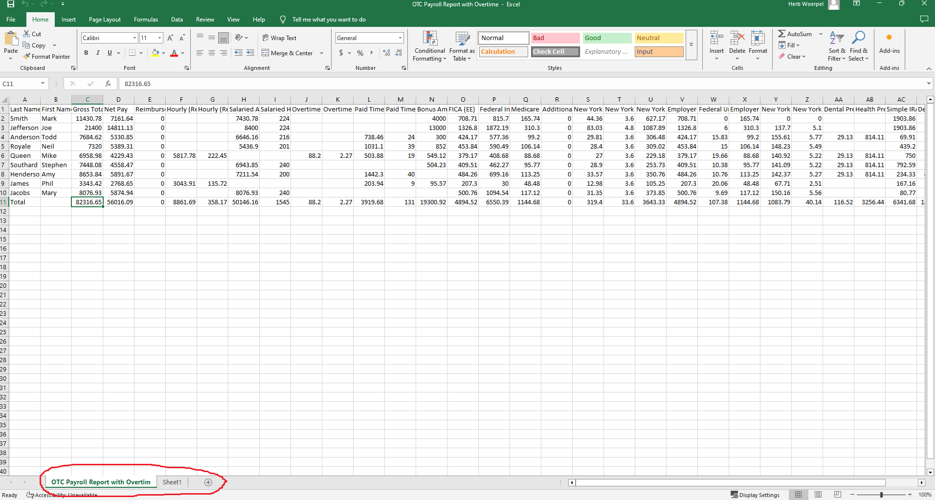 Screenshot of Microsoft Excel showing the bottom of a spreadsheet with visible sheet tabs. The active tab is labeled 'OTC Payroll Report with Overtim' and is highlighted in green. To the left, navigation arrows allow switching between sheets.