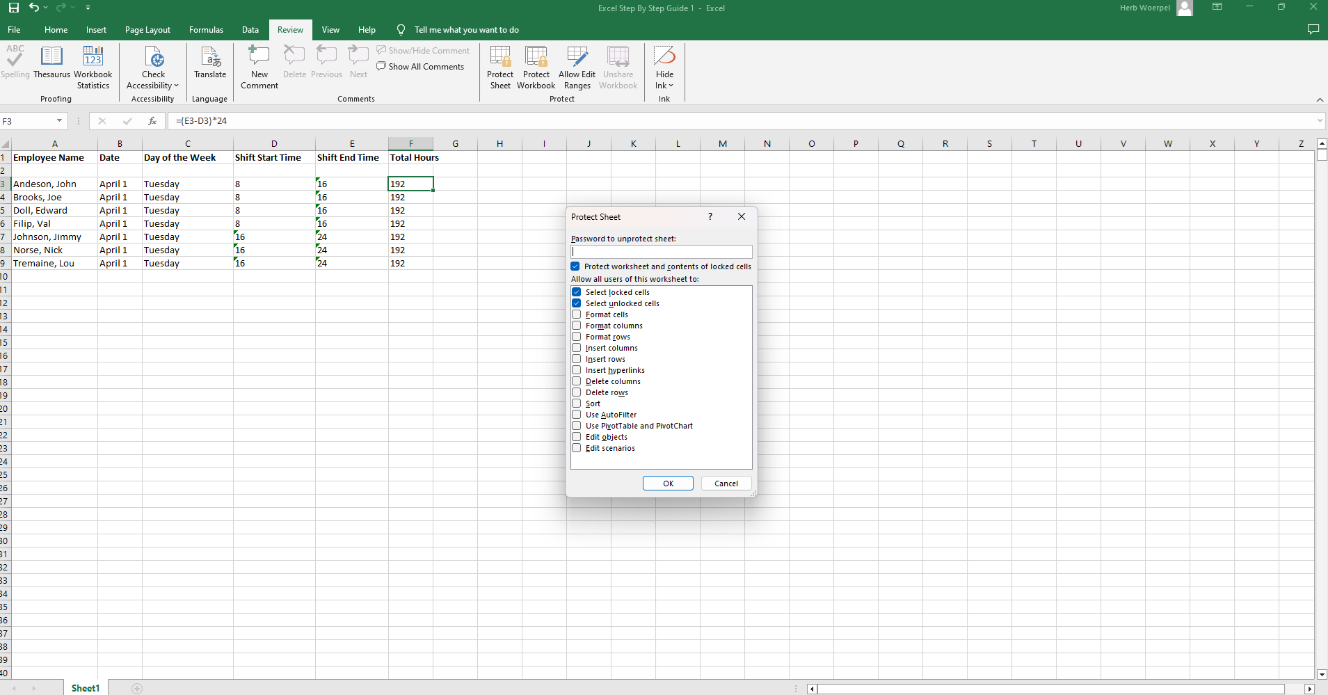 Third step of an Excel guide, showing a selected cell with a formula being applied. The image highlights the formula bar and corresponding data in the spreadsheet, as part of a tutorial for calculating or editing payroll values.