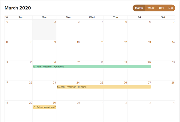 Paid time off calendar view PTO calendar