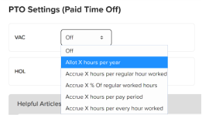 setting up PTO accrual and allotment amount select different paid time off options