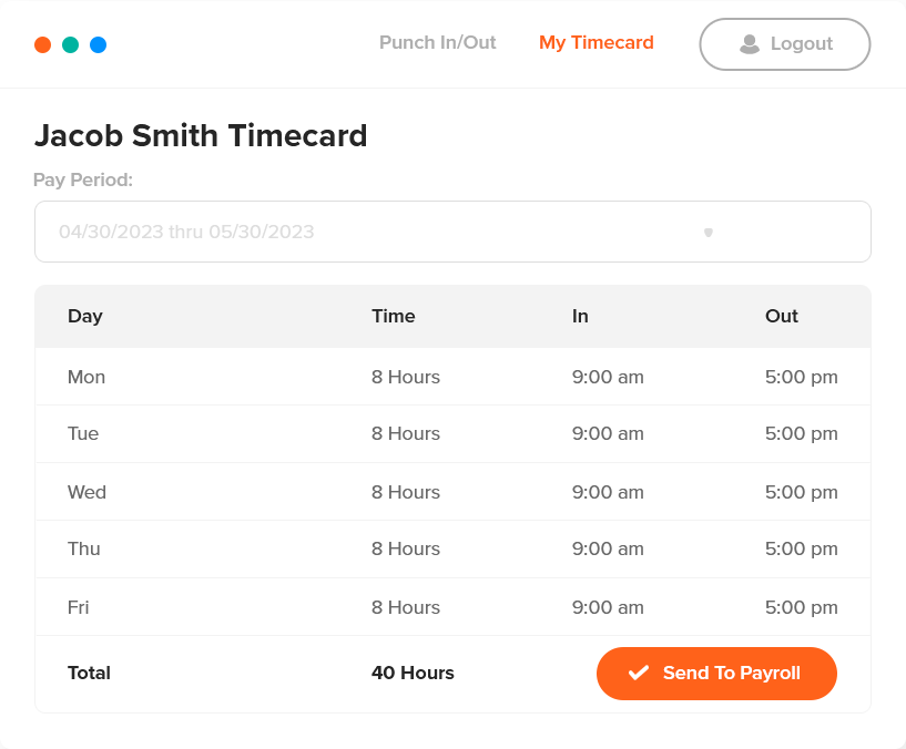 time sheet with clock in and out times