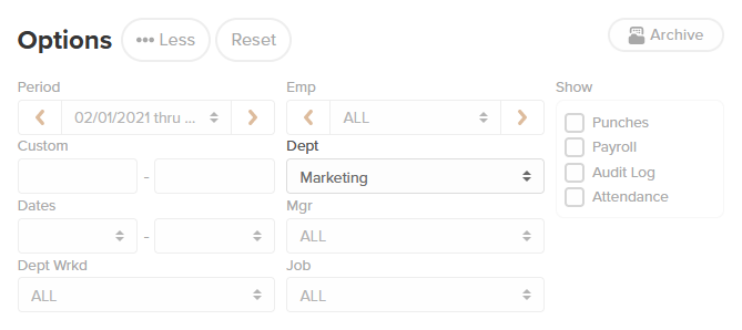 Timesheet department reporting