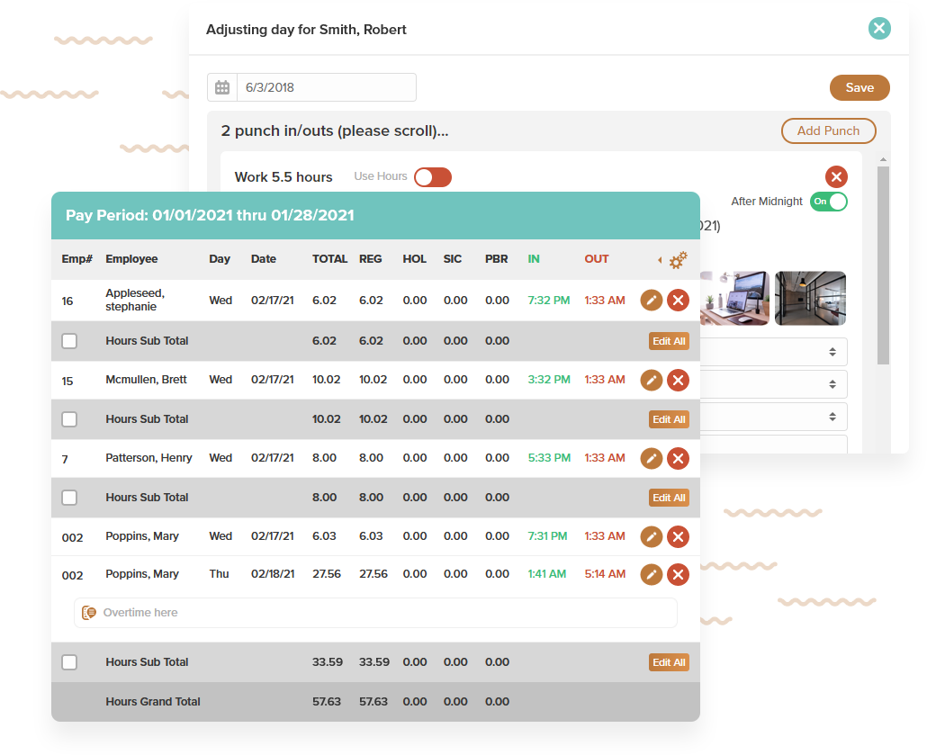 Online timesheets with reporting and editing features